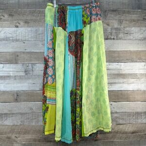 Caite Womens XL Patchwork Cotton Maxi Skirt Boho Paisley Floral Lime Green India